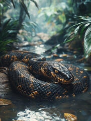 Black and yellow snake resting by a serene stream