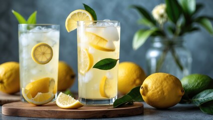Fototapeta premium Lemonade drinks in tall glasses with ice and lemon slices on a wooden board with fresh lemons and a plant in the background.
