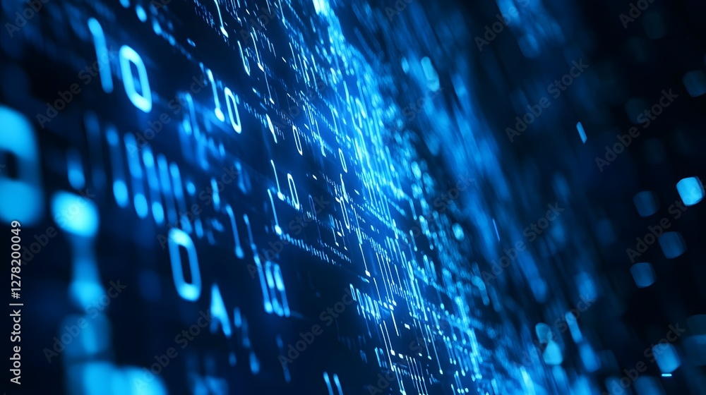 Leinwandbilder Futuristic blue digital data background with glowing particles matrix code and technology elements  Abstract technology concept representing data programming software