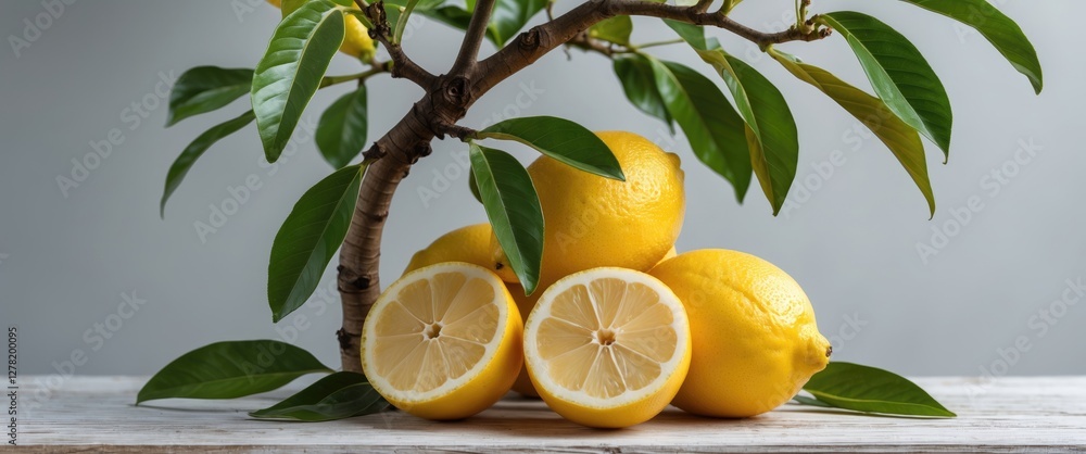 Poster lemons on wooden surface with green leaves and part of a lemon tree in a soft natural light setting
