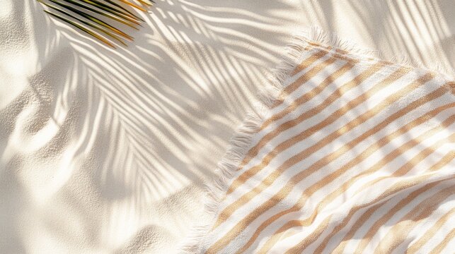 Zen-like summer composition showing a premium cotton-blend beach towel with subtle striped texture on pristine sand, dancing palm shadow patterns creating visual interest, gentle ripples in sand,