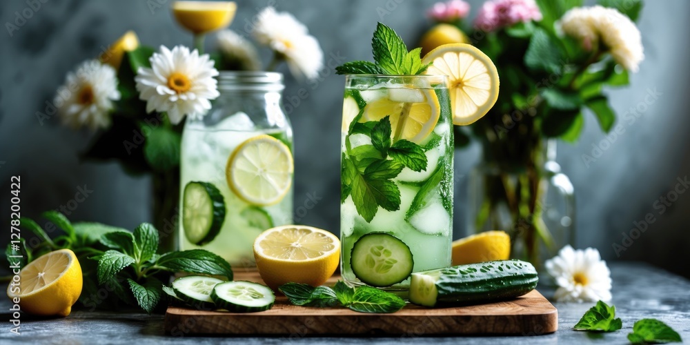 Poster refreshing cucumber lemonade with mint leaves served in glasses with slices of lemon and cucumber al
