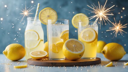Lemonade drinks with fresh lemons on wooden board with sparkling fireworks in background and blue bokeh lighting effect
