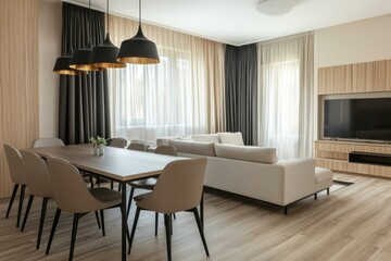 Modern living room dining area design with neutral tones