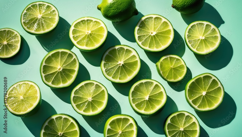 Poster sliced limes arranged on a light teal background with whole limes above creating a vibrant and fresh