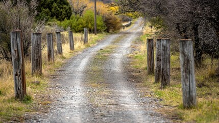 Obraz premium Serene Country Road Surrounded by Rustic Wooden Posts and Nature