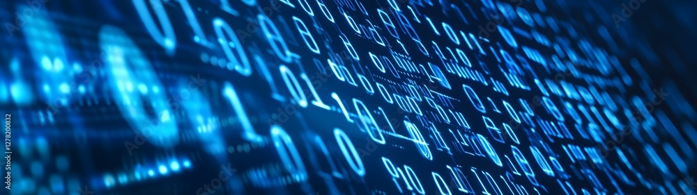 Poster Futuristic blue digital data landscape with complex technology patterns binary code and abstract digital elements  Representing the power of data information
