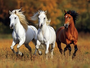 Fototapeta premium Autumnal Horses Galloping in Field