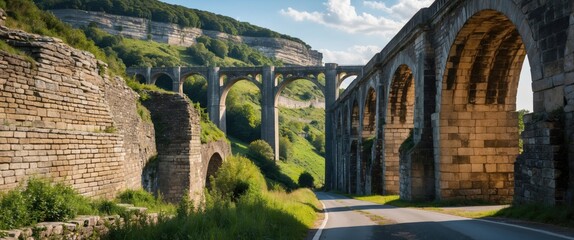 Historic stone viaduct structure in lush green landscape with blue sky and clouds, featuring arches and roadside view.