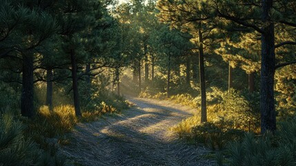 Naklejka premium Serene Pathway Through Dense Forest with Sunlight Filtering Through Trees