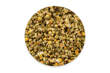 Organic Tea Blends. Top View. White Background. Chamomile Buds. 