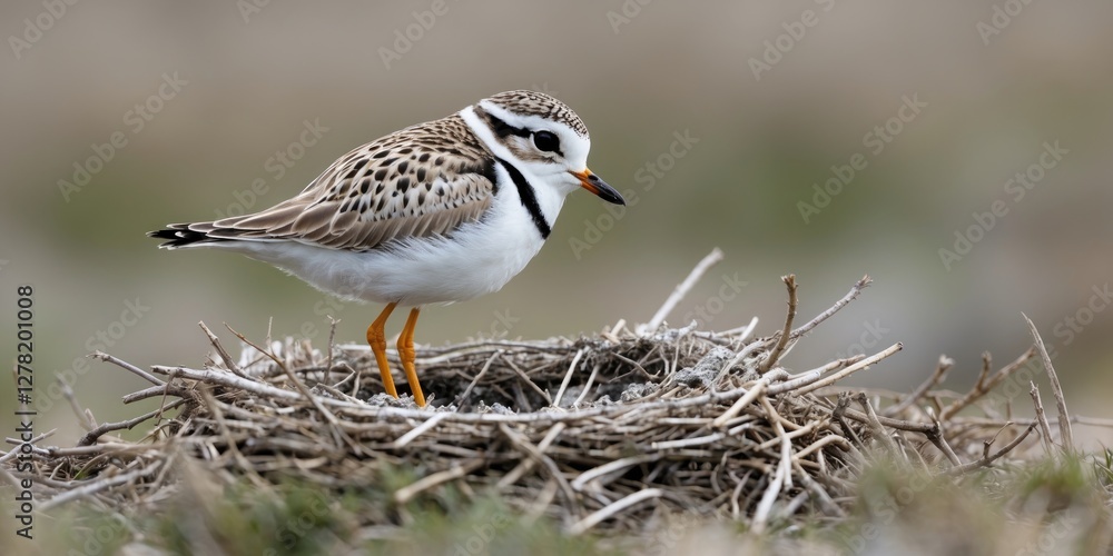 Poster juvenile bird with distinctive markings standing on a nest made of twigs and grass in a natural habi