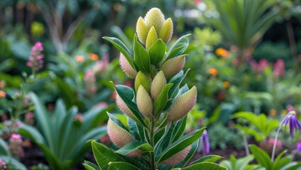 Obraz premium tropical plant with large green leaves and flower buds in a colorful garden setting during daylight