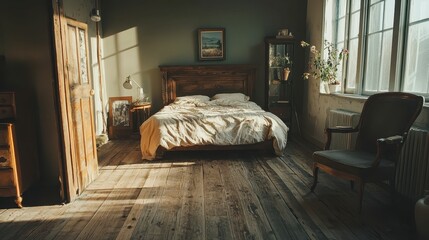 Cozy Vintage Bedroom with Natural Light and Wooden Furnishings