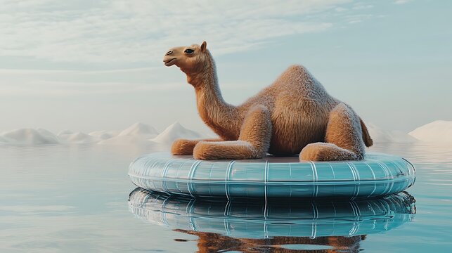 Stuffed camel on a futuristic floating platform