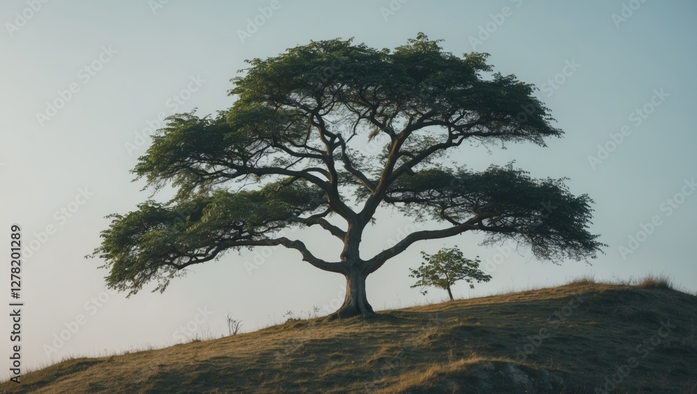 Poster lone tree on a hill with partially visible smaller tree in the background against a clear sky during