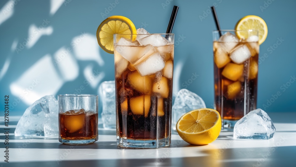 Poster glass of iced cola with lemon slices and ice cubes on a table with blue background shadows and refle