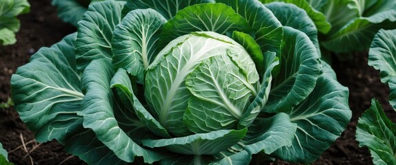 Obraz premium Fresh green cabbage growing in a garden farm setting with rich soil and vibrant foliage details