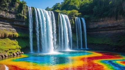 Colorful waterfall with vibrant rainbow patterns in the water, lush greenery surrounding dramatic falls under bright sunlight.