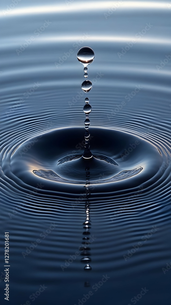 Poster water drop collision creating circular ripples on liquid surface in a macro shot