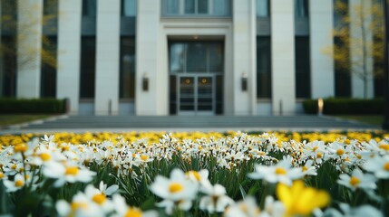 Federal Reserve building with spring flowers in front. Featuring financial regulation and growth