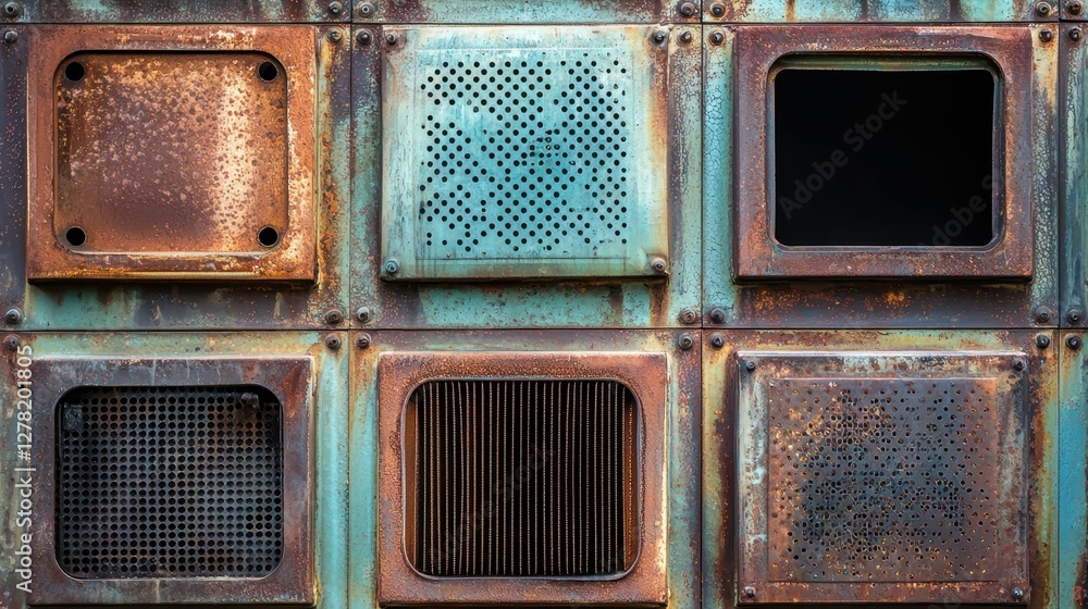 Poster weathered metal panels with different perforations and rust patterns