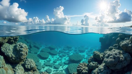 Naklejka premium Split view of vibrant coral reef underwater and coastal landscape with mountains under sunny sky 
