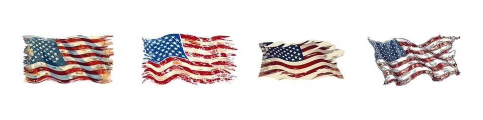 Set of Vintage Distressed American Flag Graphic, Isolated on Transparent Background