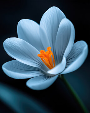 White flower with bright orange stamens, dark background