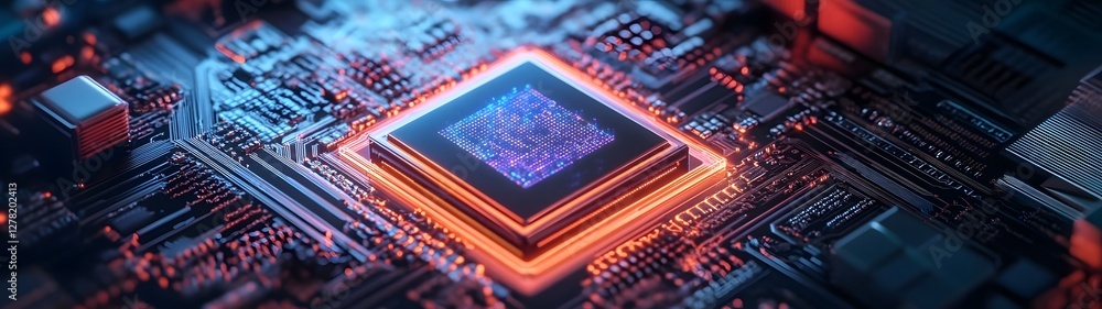 Poster Futuristic cyberpunk inspired circuit board with glowing red and blue microchips complex digital patterns and high tech electronic components  Represents the advanced intelligence