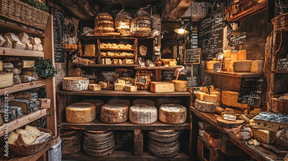 Poster rustic cheese shop display with various cheese types and textures