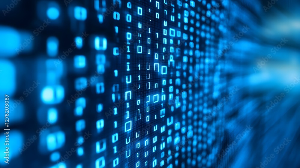 Poster Futuristic Digital Binary Data Network Technology Abstract Background with Flowing Matrix of Illuminated Circuits and Codes Symbolizing Intelligence and Big Data Processing