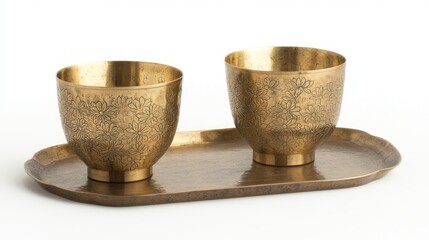 Etched Brass Sake Cups Set on Decorative Tray with Floral Design