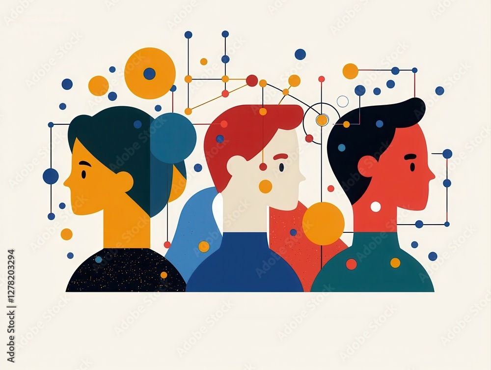 Poster abstract illustration featuring three diverse individuals with colorful geometric shapes and connect