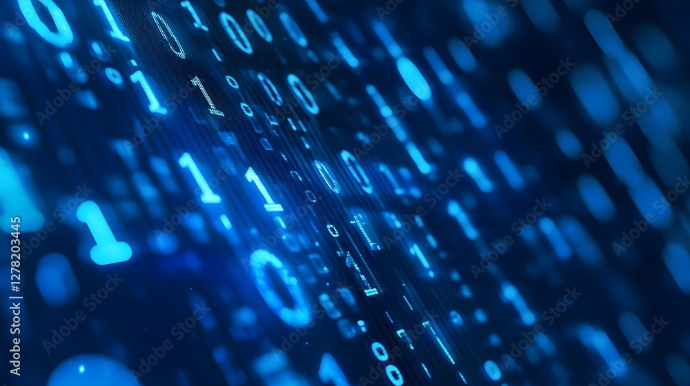 Poster Futuristic Digital Data Stream with Binary Code and Technological Abstract Background  Blue Glowing Lights Dots Lines and Numeric Symbols in a Dark Style 3D Render