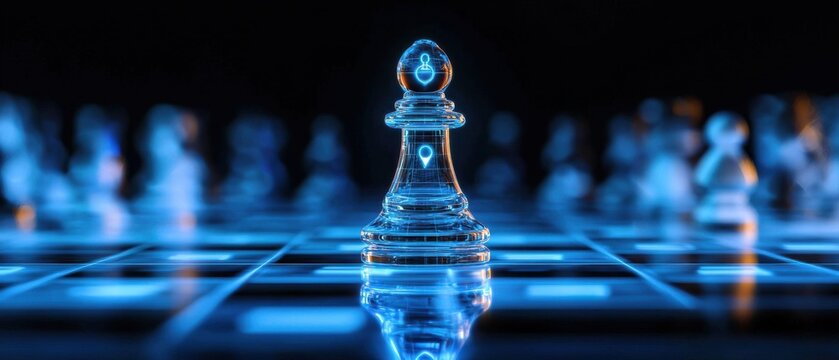 A translucent chess pawn stands prominently in a digital chessboard setting, illuminated by blue lights, surrounded by other glass-like chess pieces.