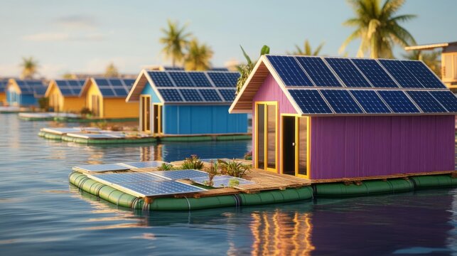 Concept of a self-sustaining green tech city with floating solar farms and recycled buildings