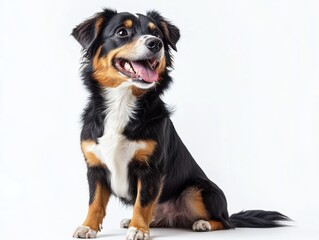 Fototapeta premium Adorable tri color Bernese Mountain Dog mix puppy sitting against a clean white background looking up with cheerful expression