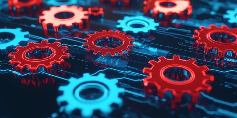 A vibrant digital illustration featuring red and blue gears on a circuit-like background, representing technology, machinery, and innovation.