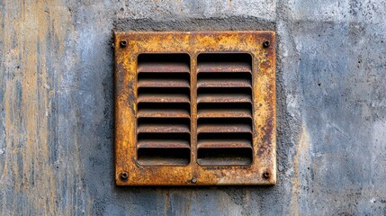 Rusty Vent Cover on Weathered Concrete Wall with Textured Finish