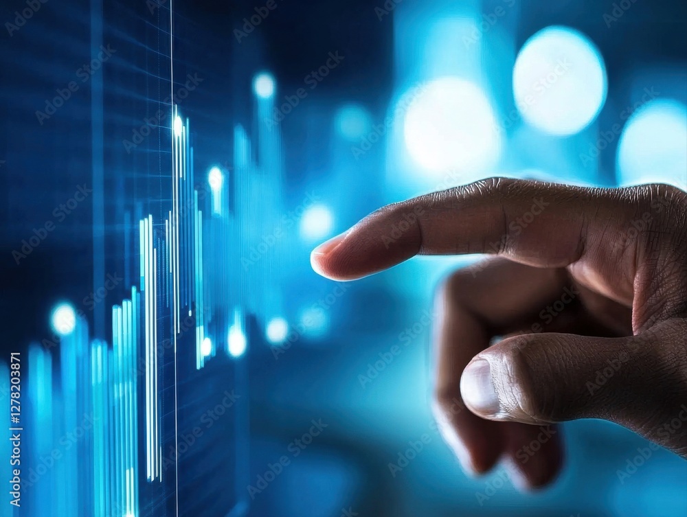 Poster a hand interacting with a digital interface displaying blue data visualizations, suggesting technolo
