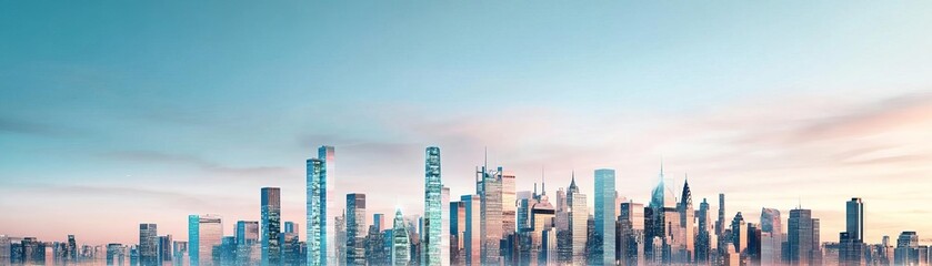 Futuristic city skyline with skyscrapers made from recycled materials and powered by green energy
