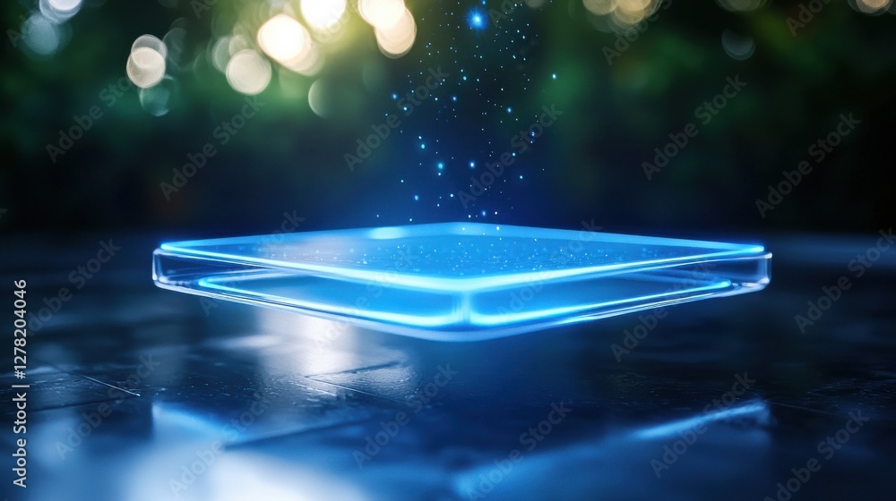 Poster a glowing, translucent square hovers above a surface, surrounded by soft light and particle effects,