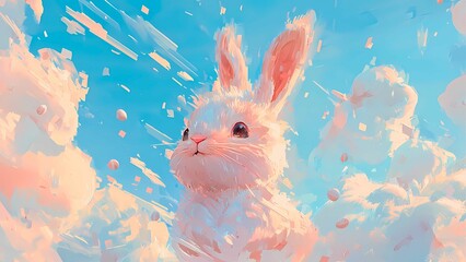 Obraz premium a cute rabbit in the sky surrounded by clouds.