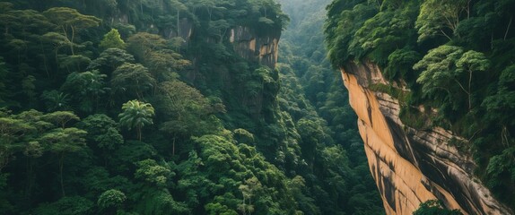 Aerial view of a dense green forest with steep rocky cliffs and misty mountainous backdrop in the daytime