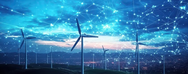Futuristic Wind Energy Landscape with Digital Network and Sky