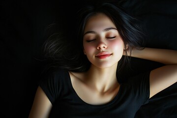 Fototapeta premium Young Woman in Casual T-shirt Relaxing on black Background with a Bright Smile