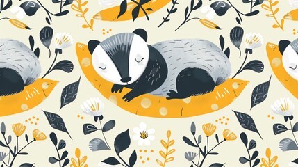 Badger on Pillow Seamless Pattern for Kids