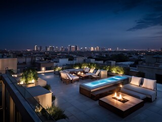 Fototapeta premium Rooftop Oasis with City Skyline at Night
