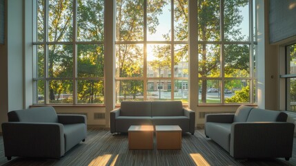 Cozy Modern Lounge Area with Large Windows and Bright Sunlight